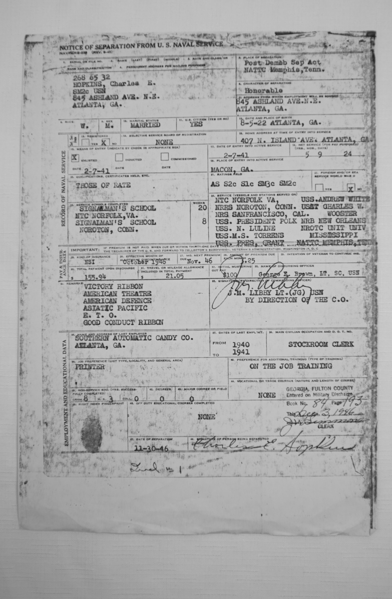 Photo copy of Navy Discharge and Service record of Charles HOPKINS