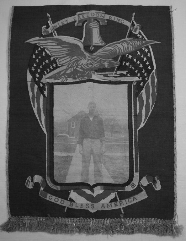12.5 x 17 inch fabric banner with words: Let Freedom Ring - God Bless America" with a bell, 2 American flags and an eagle on top and a sepia toned picture of Charles E Hopkins standing outside.