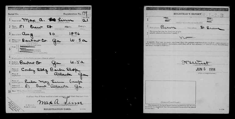 WWI Draft Card of Max Augustus LINN